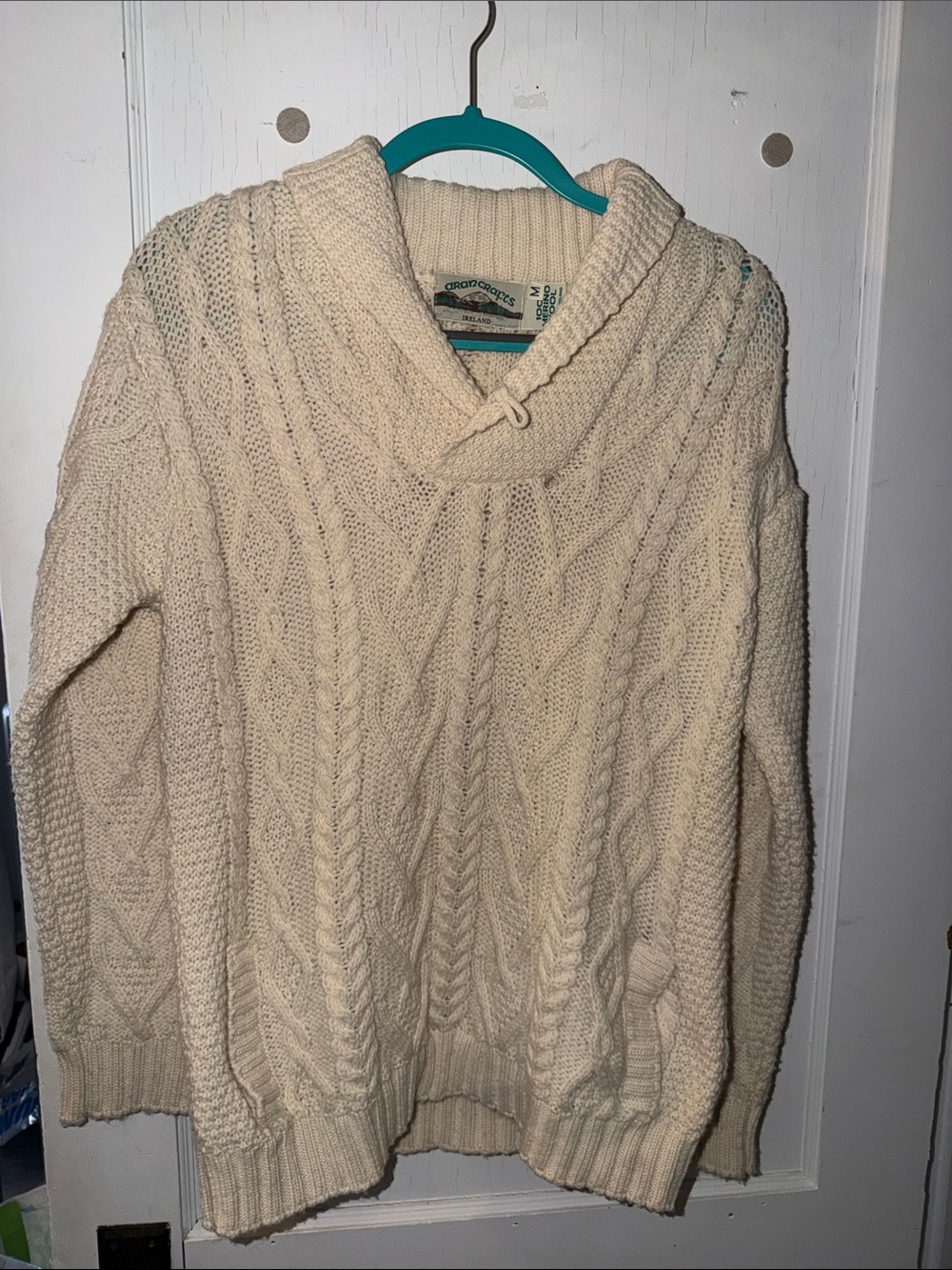 Irish Wool Cream Cable Knit Shawl-Collar Sweater